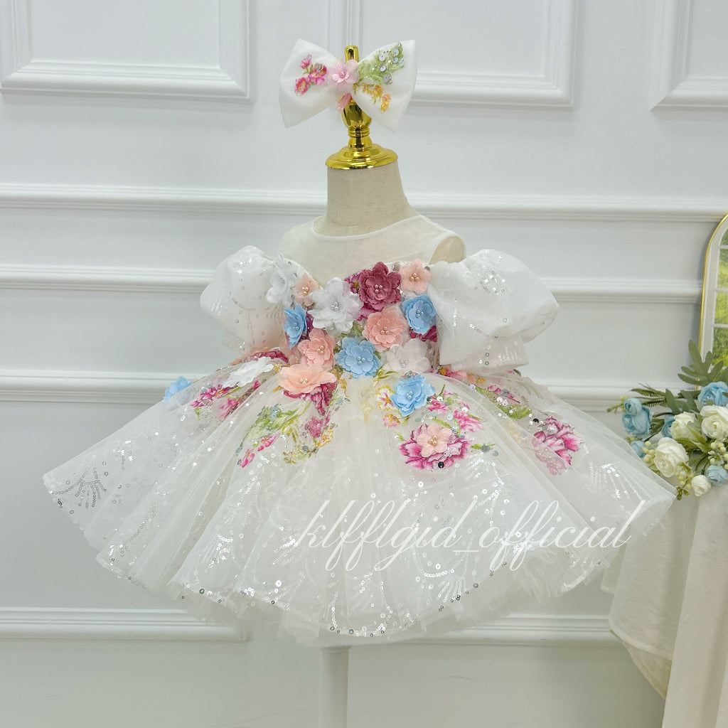 Elegant 3D Floral Flower Girl Princess Dress for Weddings | KLFFIGID