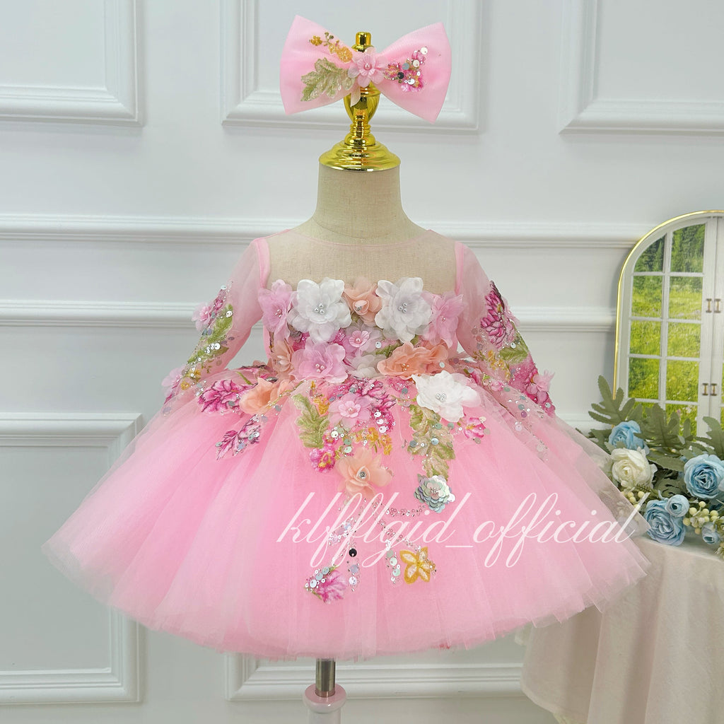 3D Floral Long-Sleeve Tulle Princess Dress for Flower Girls | KLFFIGID