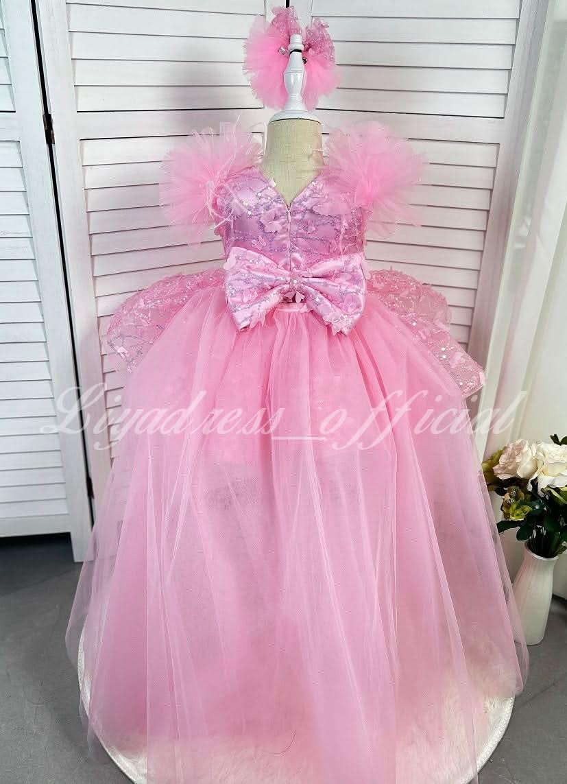 Girls Sleeveless Feather Butterfly Tail Birthday Evening Dress | KLFFIGID