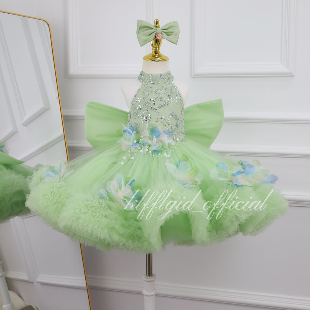 Baby Girl High Neck Sequin Birthday Flower Girl Dress with Train | KLFFLGID