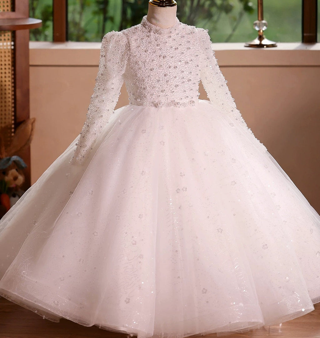 Girls elegant sequin party princess dress Long-sleeved dress, high-end elegant wedding white long dress, dress for teenage girls aged 3-12