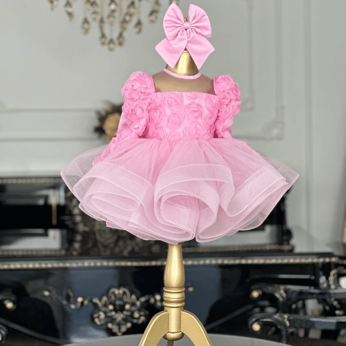 Girls Rose Puff Sleeve Mesh Birthday Princess Dress | KLFFIGID