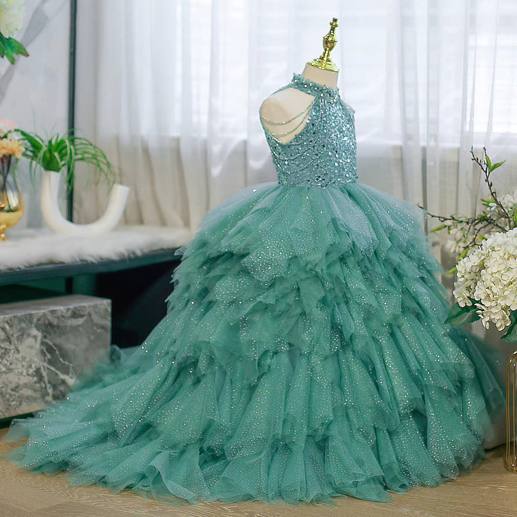 3-12 years old sequined elegant girl's dress with train, stage performance evening dress, birthday party girl princess dress girl pageant dress