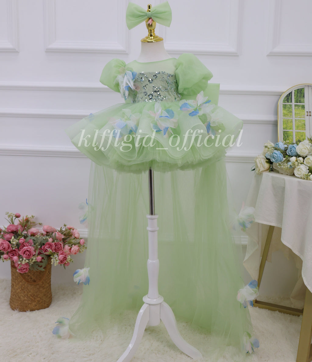 Floral Party Dress for Girls Green baby birthday dress | KLFFLGID
