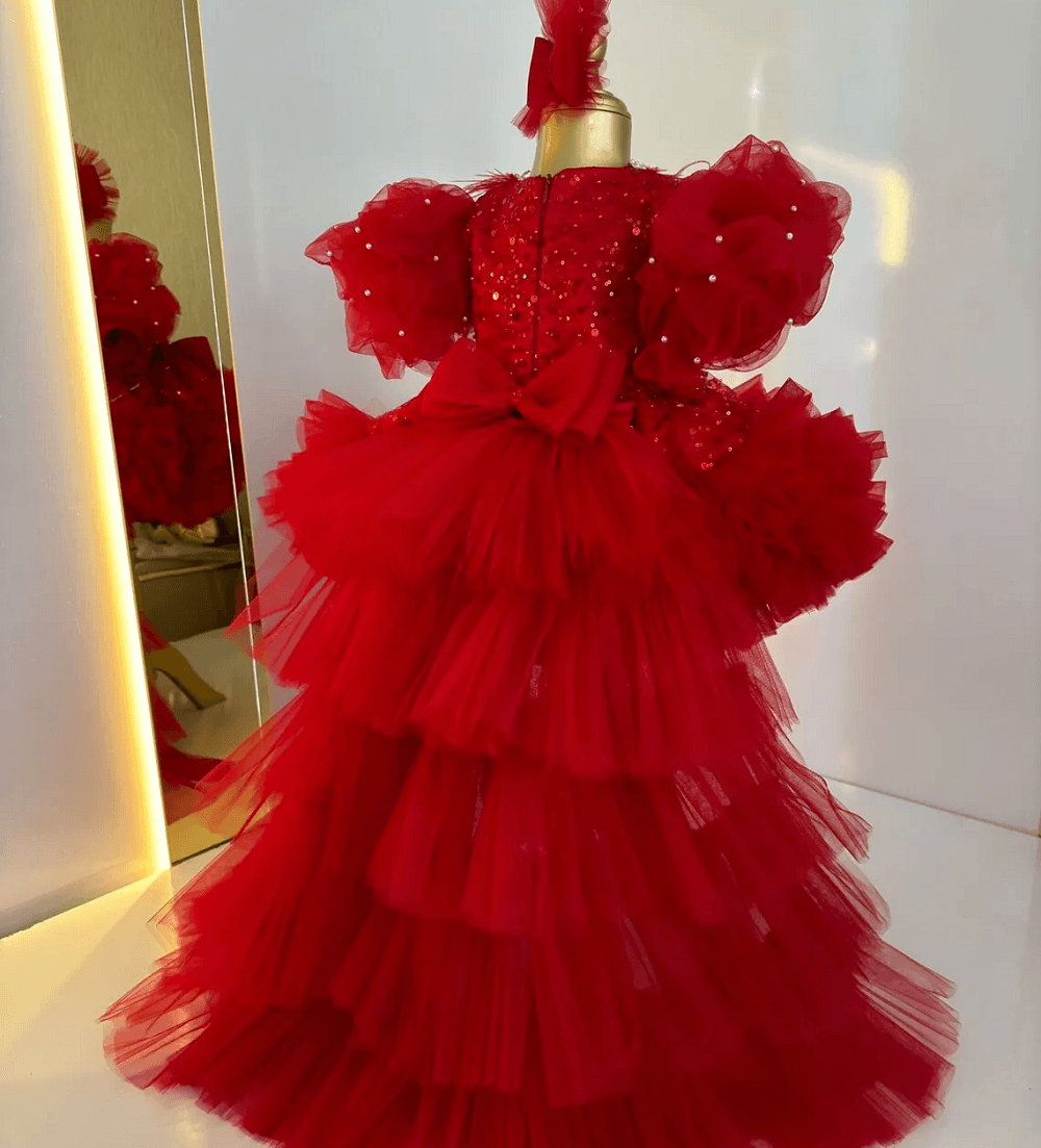 Sequin Flower Girl Dress with Train & Puff Sleeves | KLFFIGID