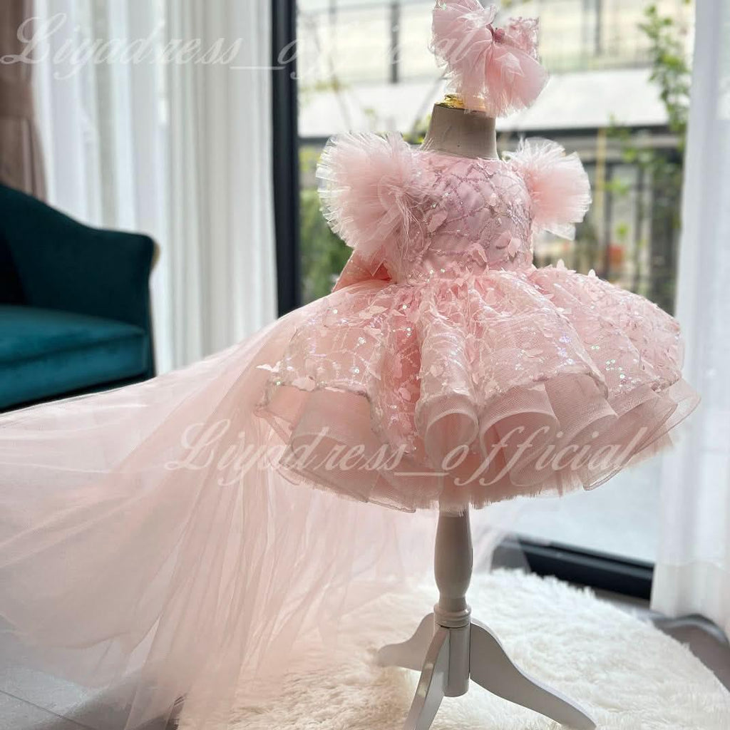 Girls Sleeveless Feather Butterfly Tail Birthday Evening Dress | KLFFIGID