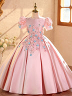 Kids Girls Satin Flower Princess Dress Flower Decor Summer Casual Birthday Wedding Party Dresses Girls