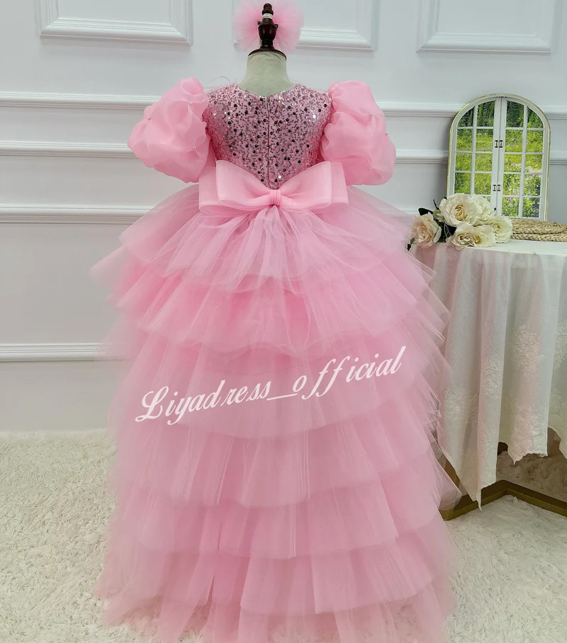 Sequin Flower Girl Dress with Train & Puff Sleeves | KLFFIGID