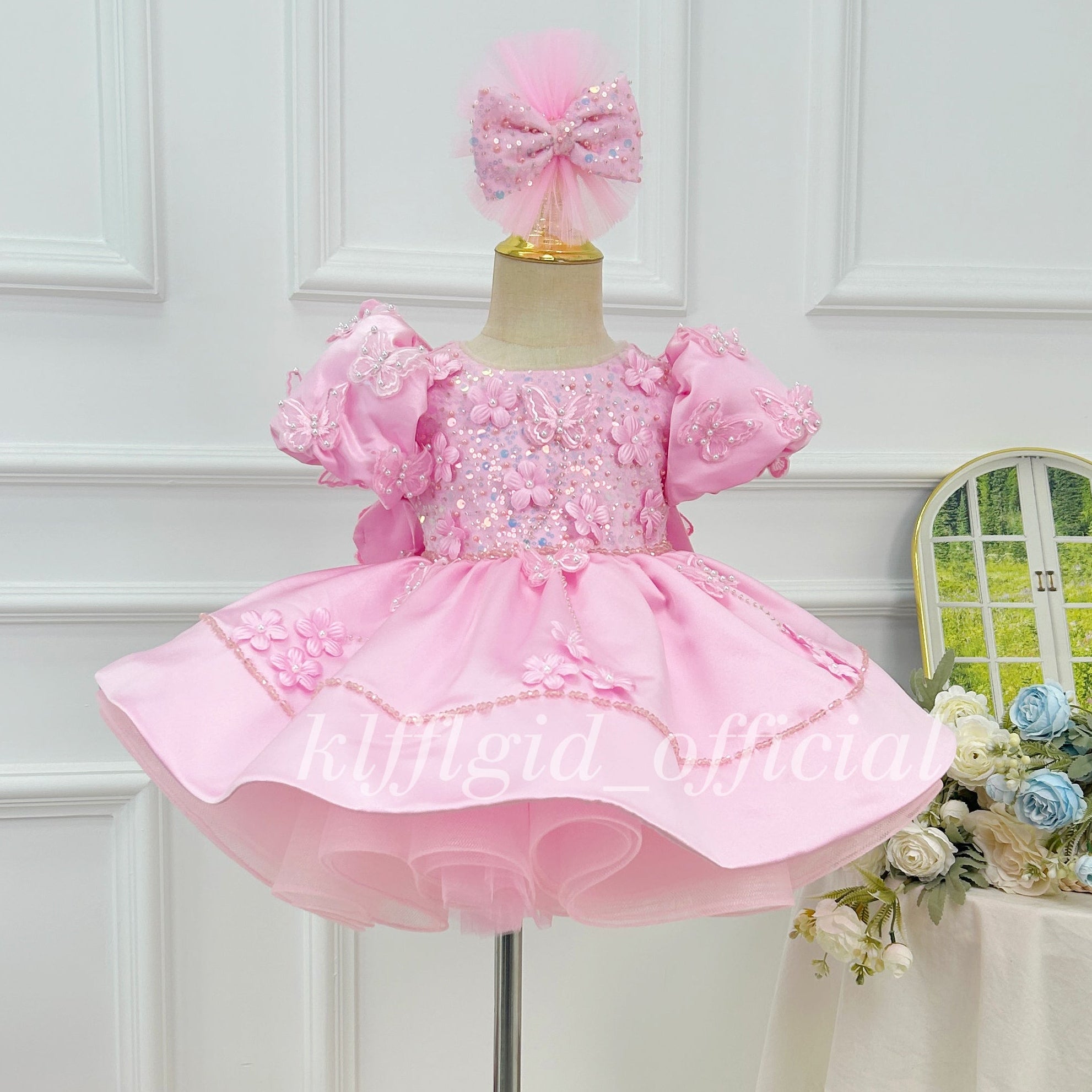 Luxury Large Bow Girls Couture & First Birthday Dress | KLFFLGID