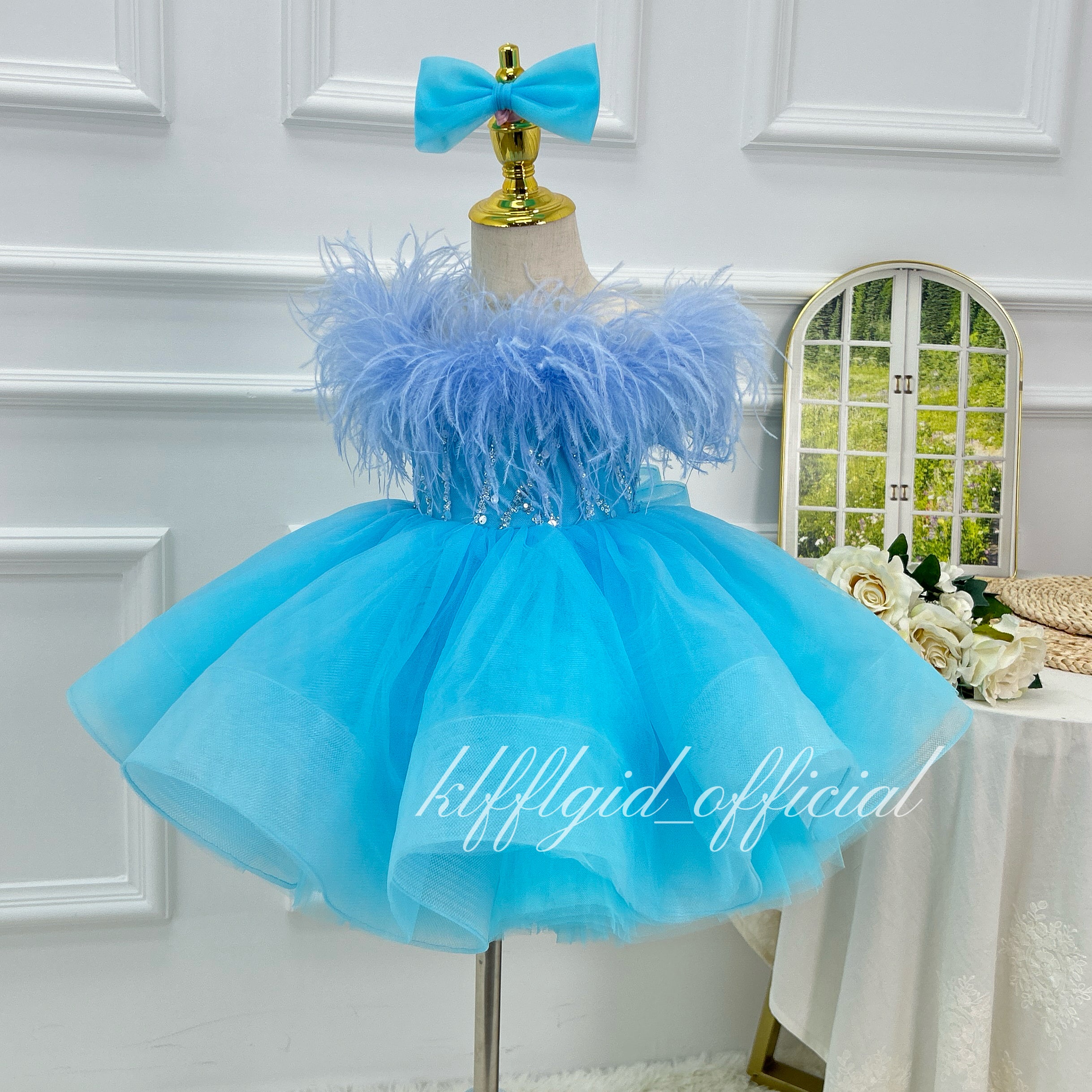 Stylish Feather Pageant Gown & Baby Birthday Dress | KLFFLGID