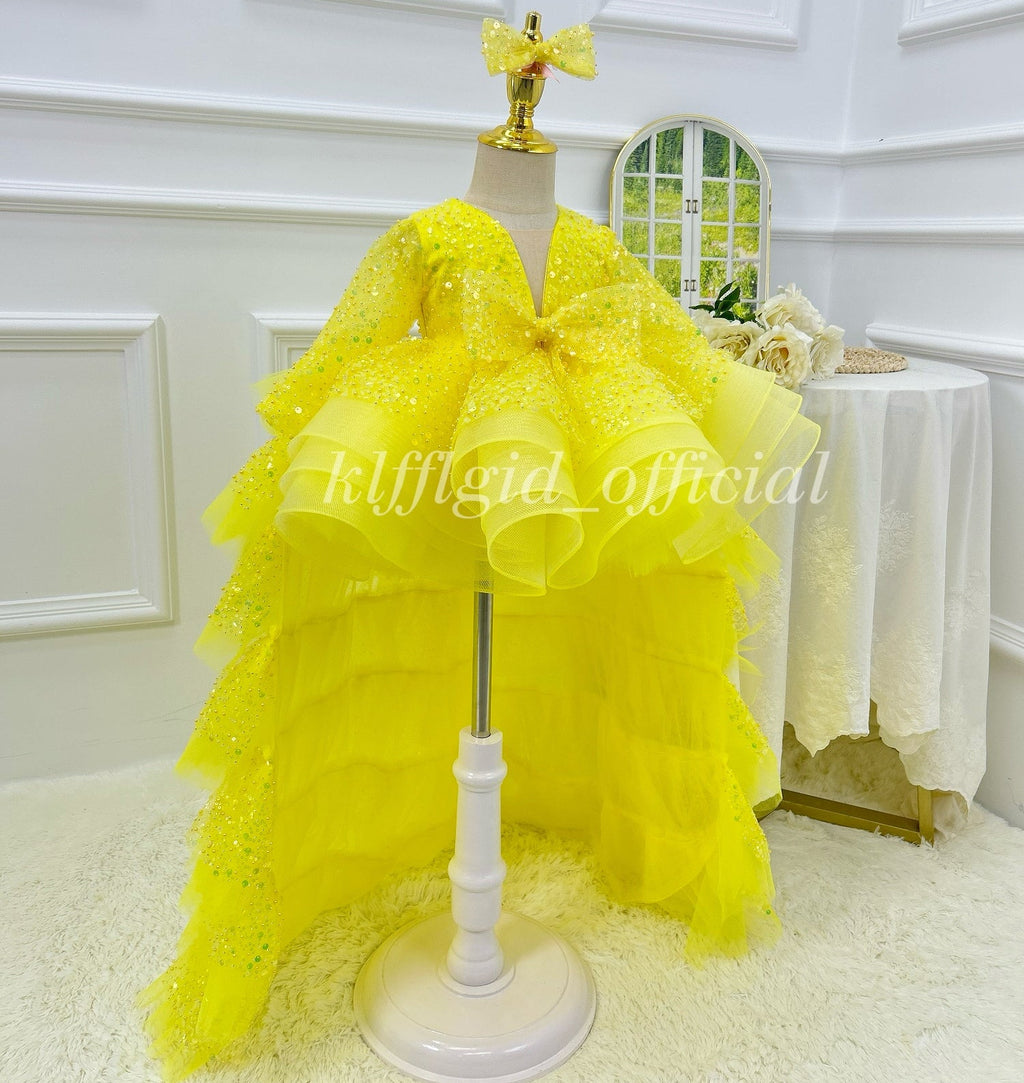 Elegant Sequined Long Sleeve Flower Girl Party Dress with Tail | KLFFIGID