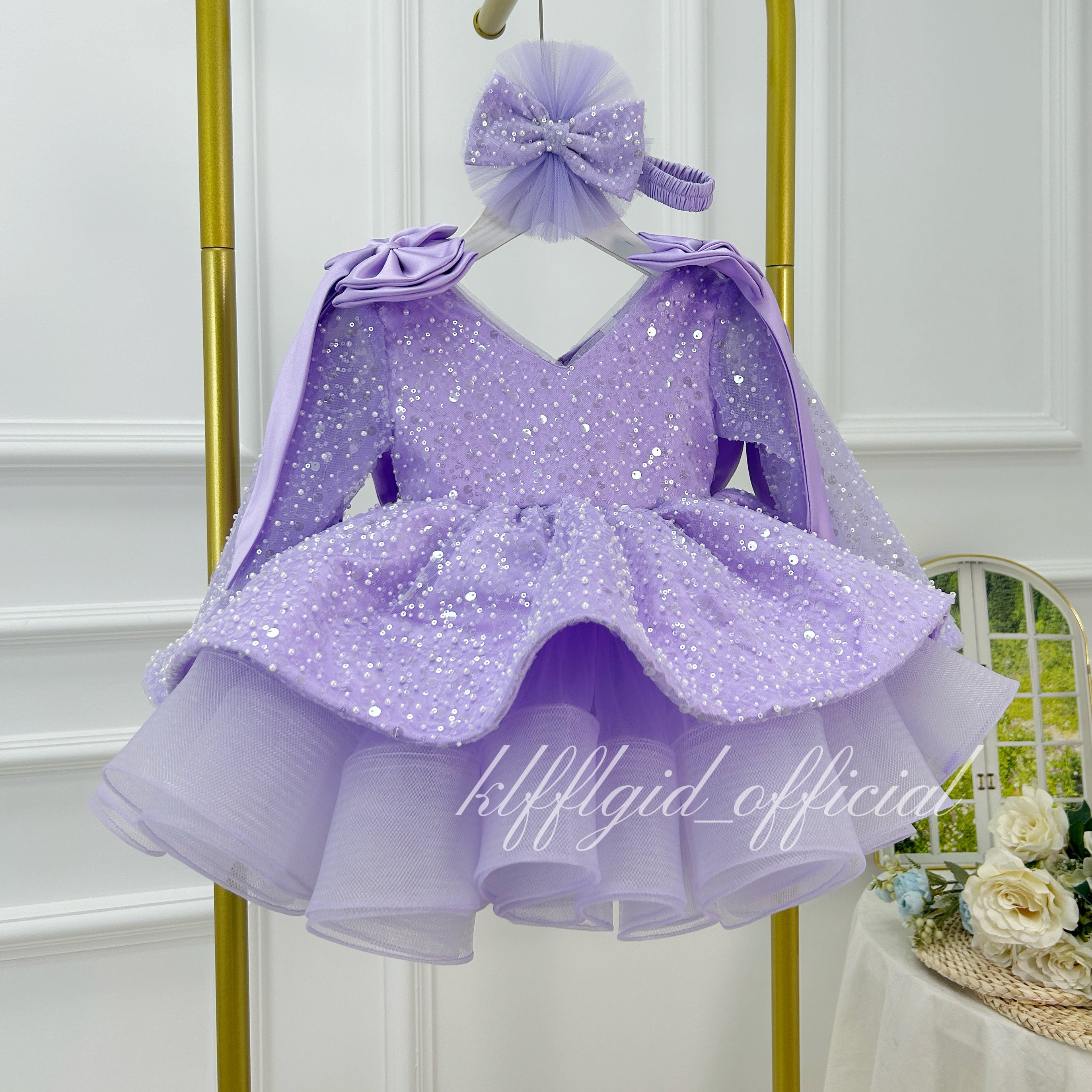 Toddler Girls Sequin Bow Long Sleeve Tulle Princess Birthday Party Dress | KLFFLGID