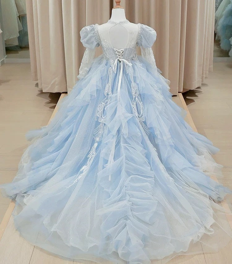 Children's dress, fluffy wedding dress, flower long-sleeved trailing evening dress, embroidered mesh girl princess dress