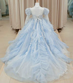 Children's dress, fluffy wedding dress, flower long-sleeved trailing evening dress, embroidered mesh girl princess dress