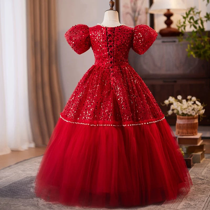 Red dress, party girl evening dress, bow party girl dress, girl pageant dress, birthday party girl princess dress