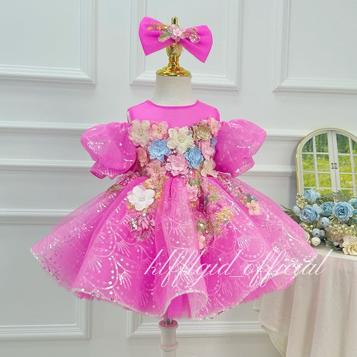 Hot Pink Sequin Puff Sleeve 3D Floral Tutu Dress | KLFFIGID