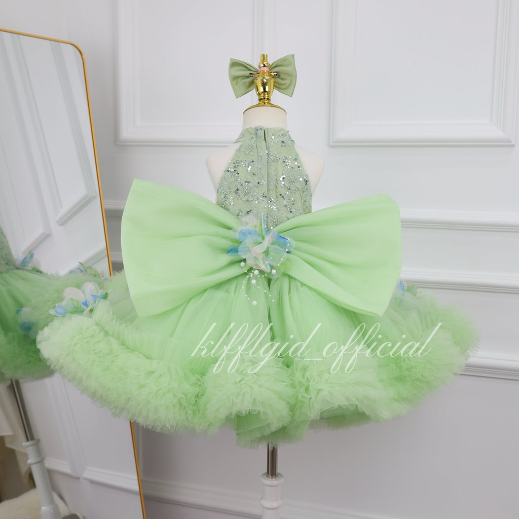 Baby Girl High Neck Sequin Birthday Flower Girl Dress with Train | KLFFLGID