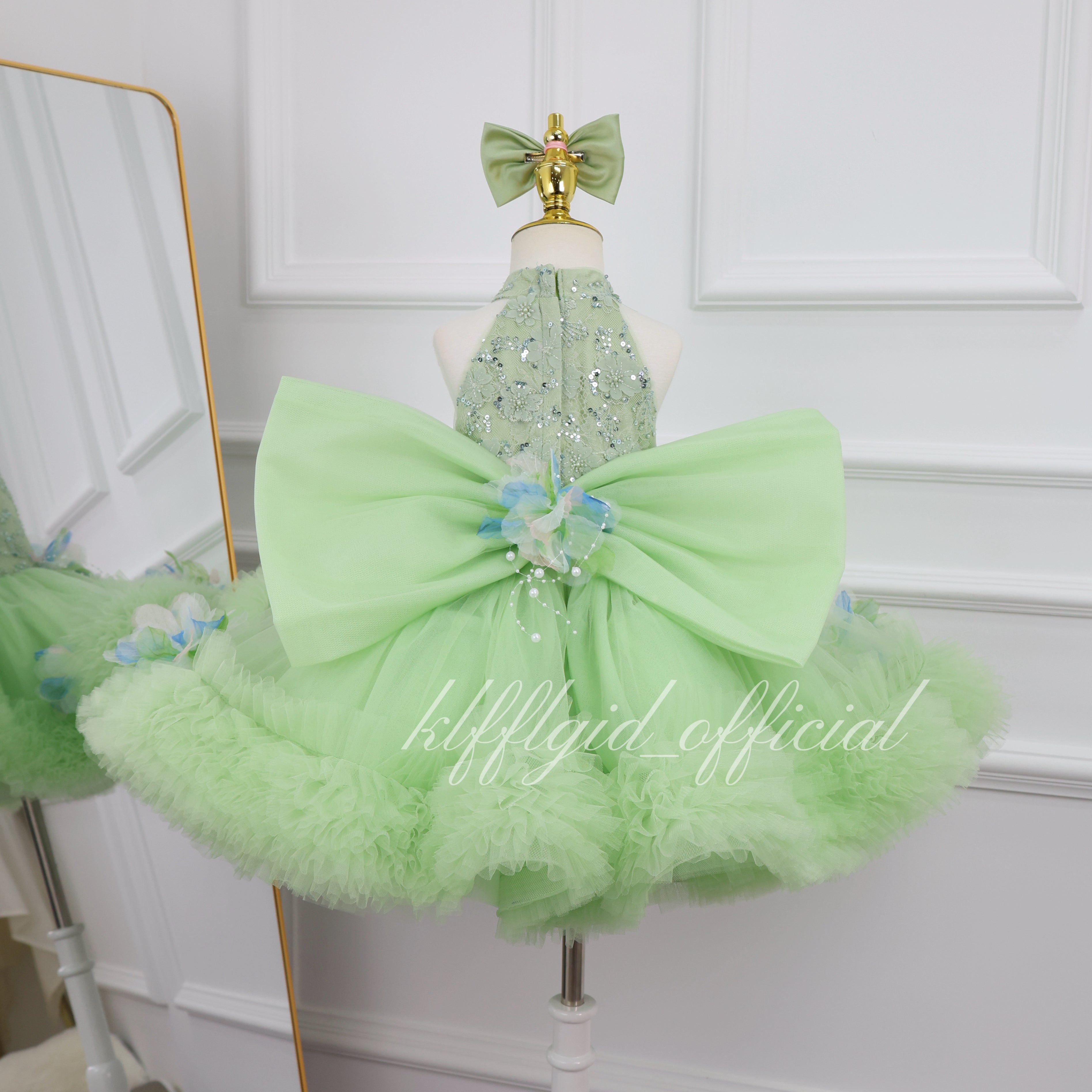 Baby Girl High Neck Sequin Birthday Flower Girl Dress with Train | KLFFLGID