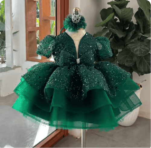 Christmas Puff Sleeve Sequin Girls Evening Dress | KLFFIGID