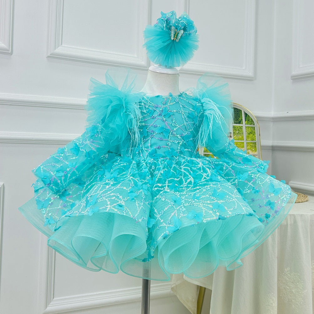 0-12Y Girls Long Sleeve Butterfly Embroidered Princess Dress | KLIFFIGID