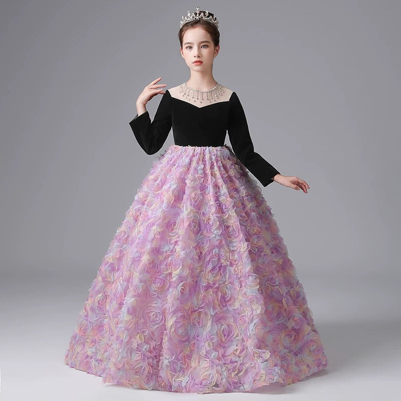 Girls long dress, girl princess dress, 3-12 year old girl piano performance dress, flower dress