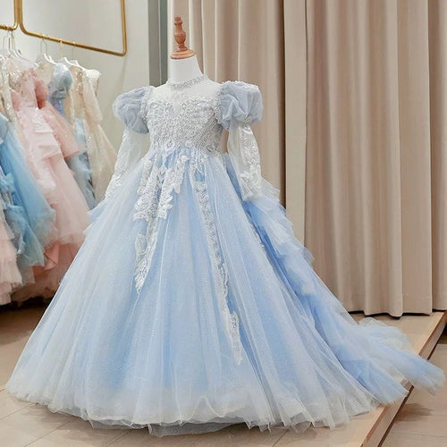 Children's dress, fluffy wedding dress, flower long-sleeved trailing evening dress, embroidered mesh girl princess dress