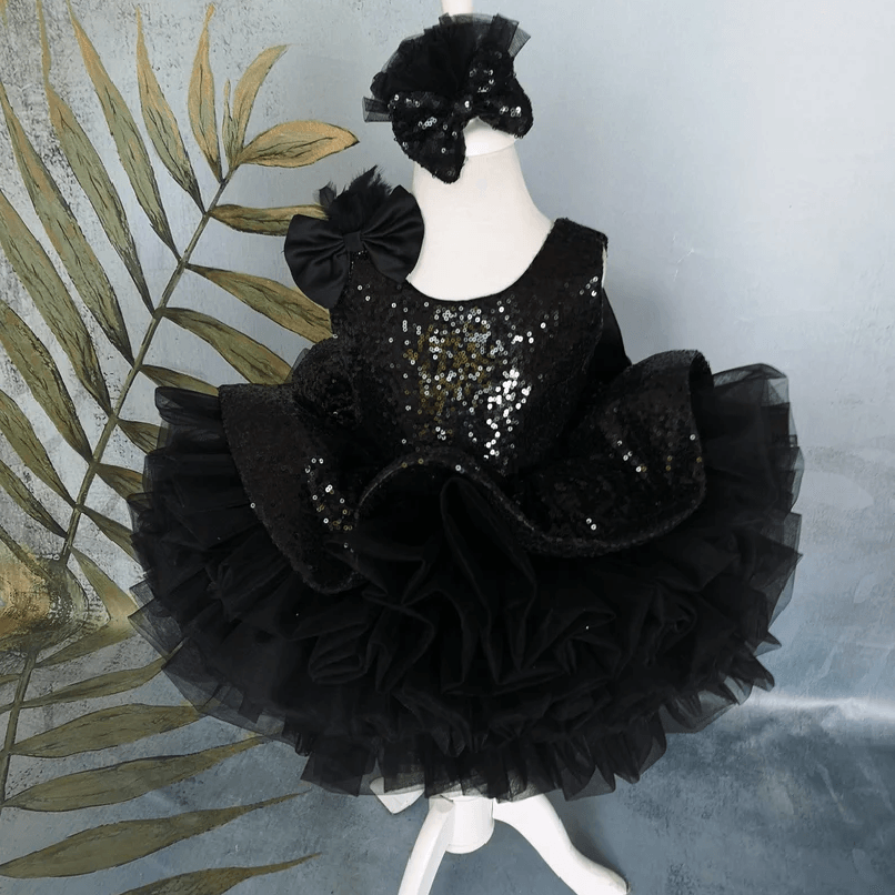 Black Sequin Sleeveless Bow Evening Gown Dress for Girls | KLFFIGID