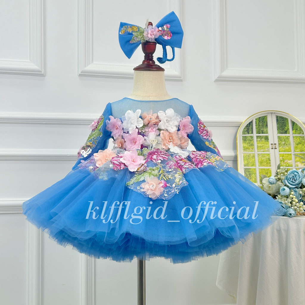 3D Floral Long-Sleeve Tulle Princess Dress for Flower Girls | KLFFIGID