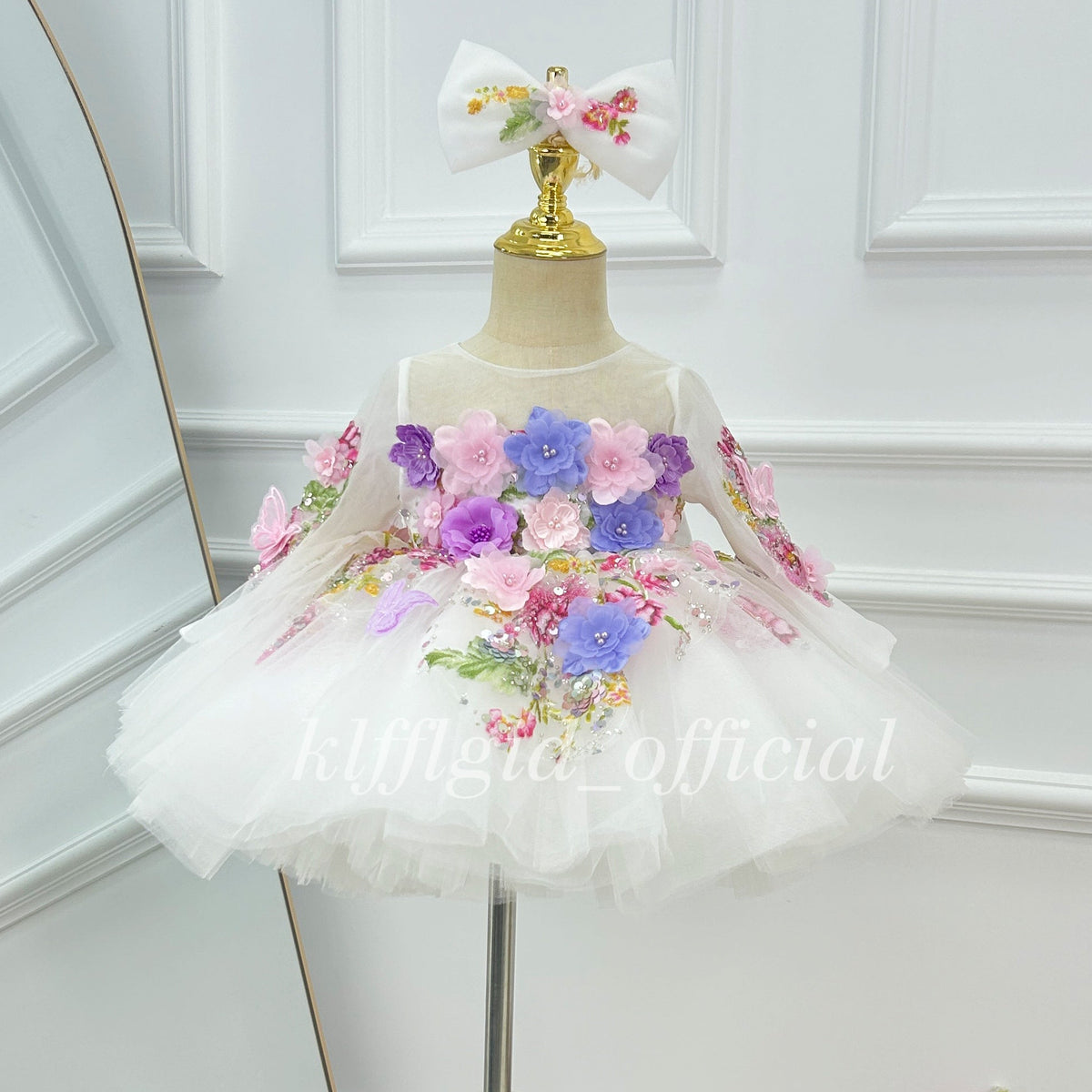 3D Floral Long-Sleeve Tulle Princess Dress for Flower Girls | KLFFIGID
