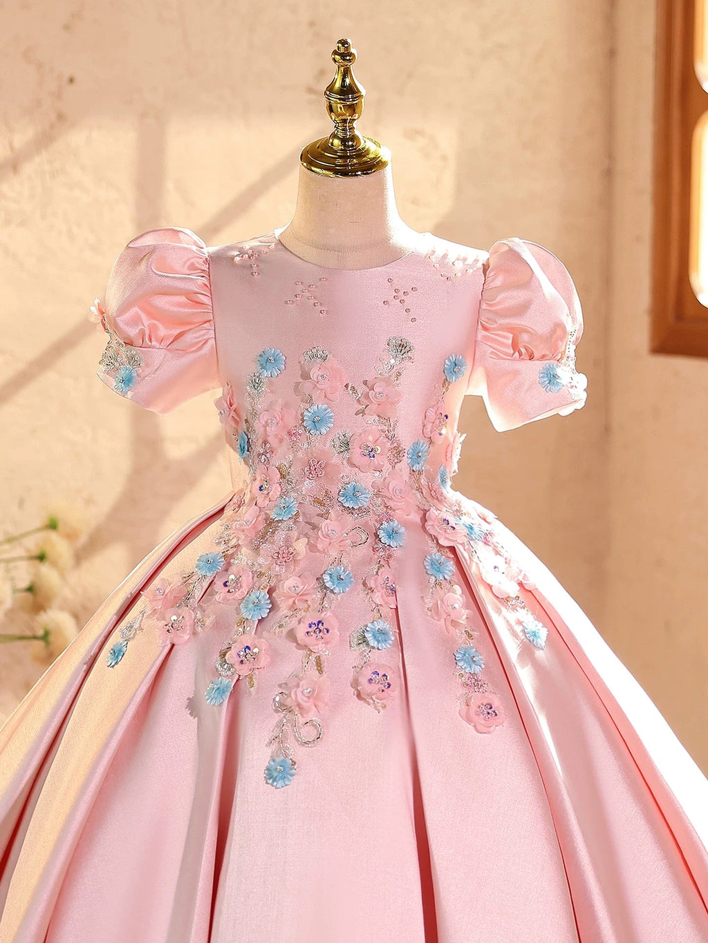 Kids Girls Satin Flower Princess Dress Flower Decor Summer Casual Birthday Wedding Party Dresses Girls