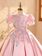 Kids Girls Satin Flower Princess Dress Flower Decor Summer Casual Birthday Wedding Party Dresses Girls