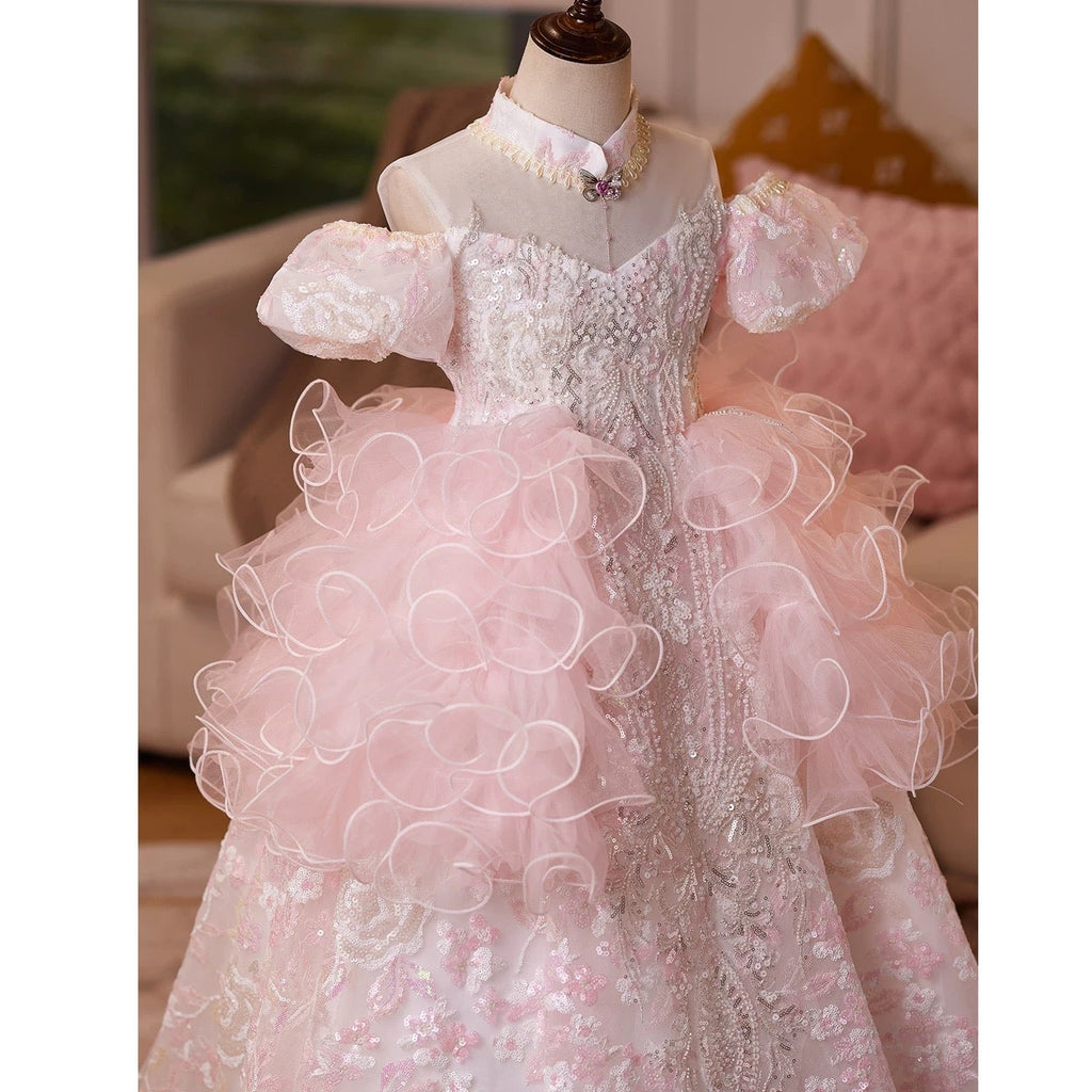 Wedding dress flower girl birthday party fluffy short sleeve sequin girl princess dress