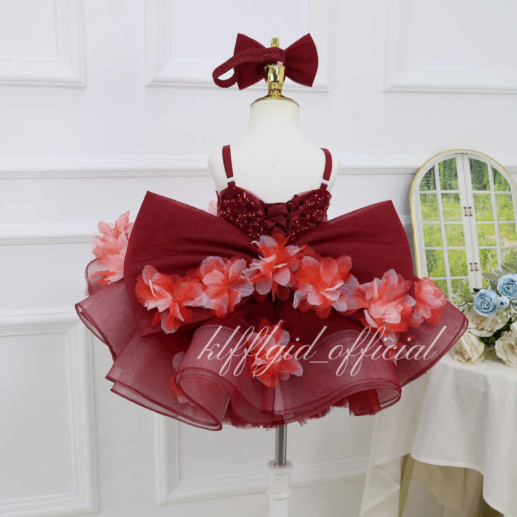 Toddlers Birthday dress Pageant gowns for girls Burgundy Christmas dress  | KLFFLGID