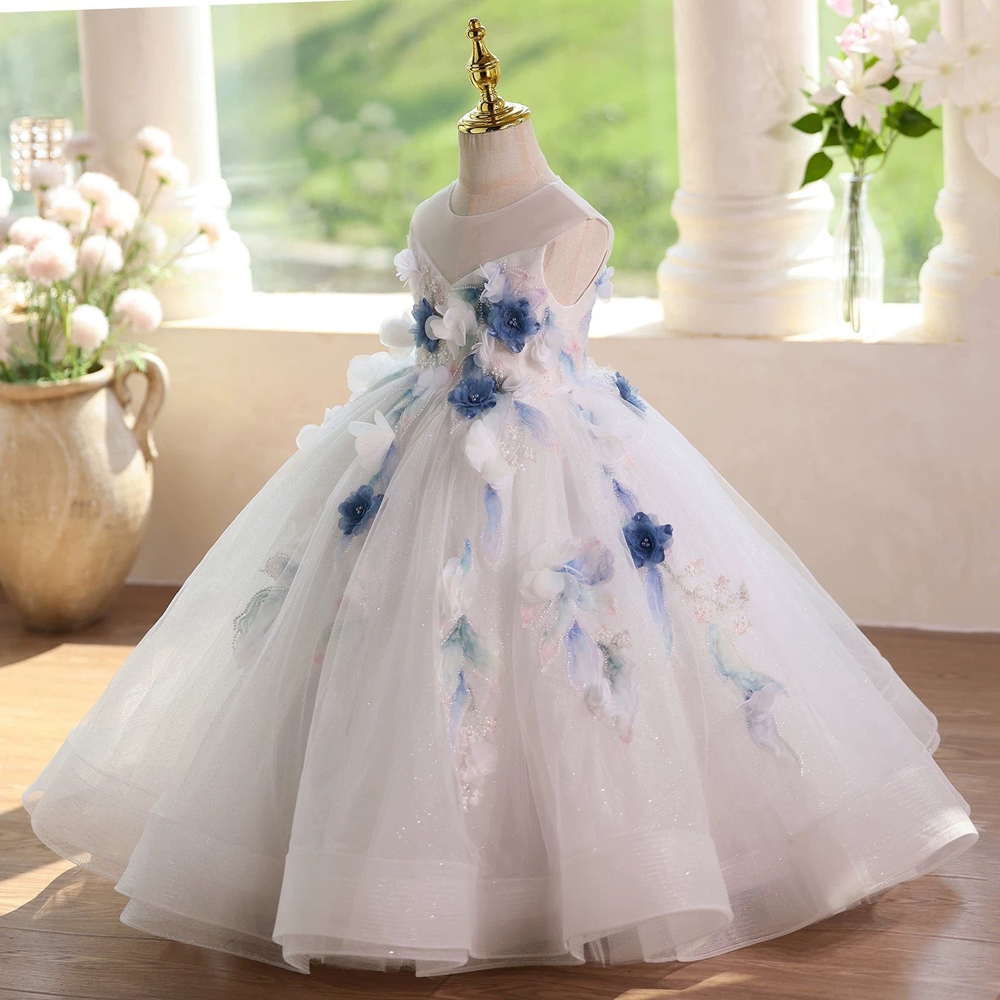 0-12 years old girls long dress, floral mesh wedding dress, birthday party, banquet, special occasion dress, girl princess dress