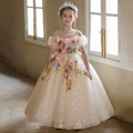 Champagne Flower Girl Dress | 3D Floral Applique Ball Gown | Sparkly Tulle Birthday Pageant Dress | Toddler Wedding Party Gown