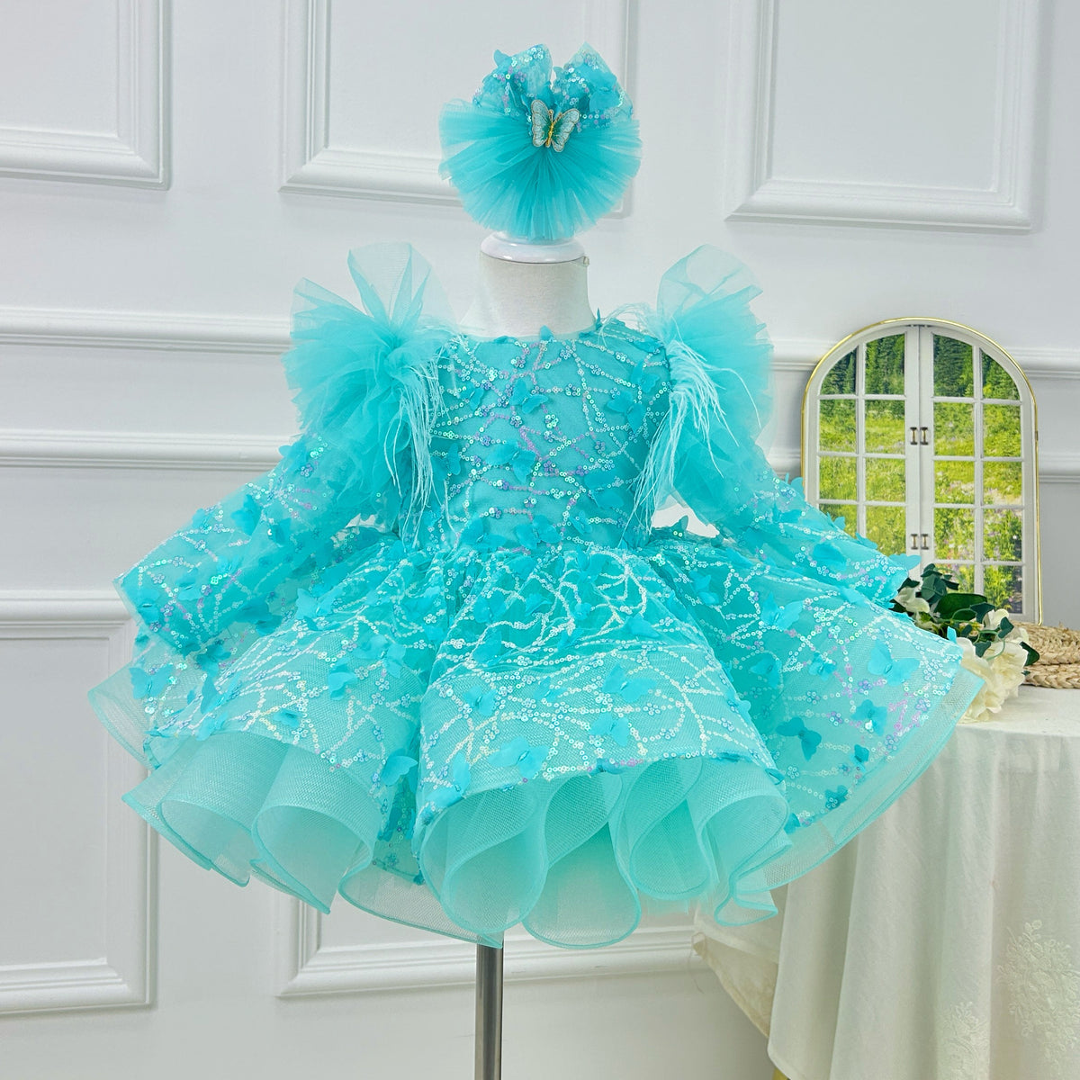 0-12Y Girls Long Sleeve Butterfly Embroidered Princess Dress | KLFFLGID