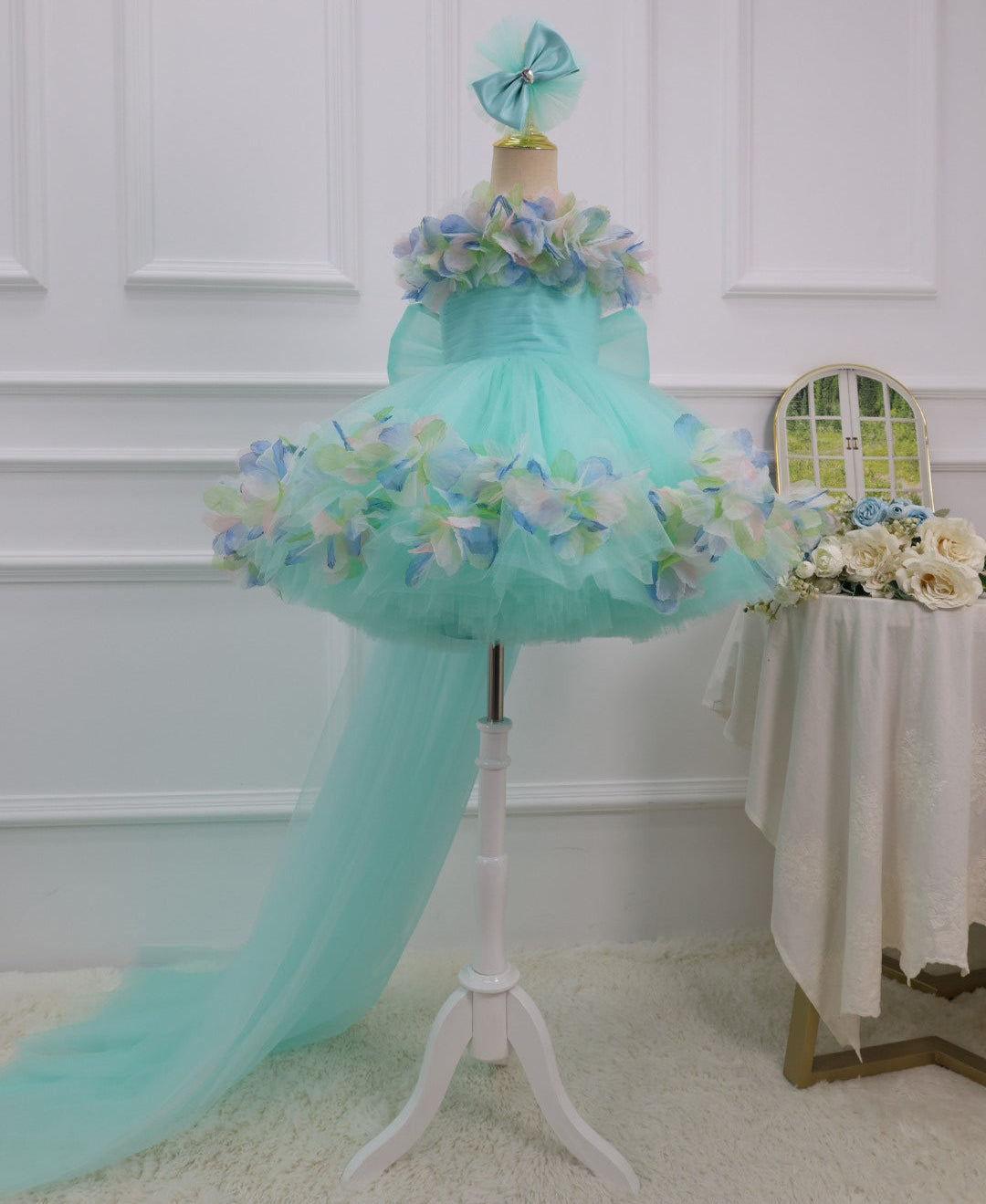 Baby Birthday Flower Girl Dress Feathered Hem Gown with Train | KLFFLGID