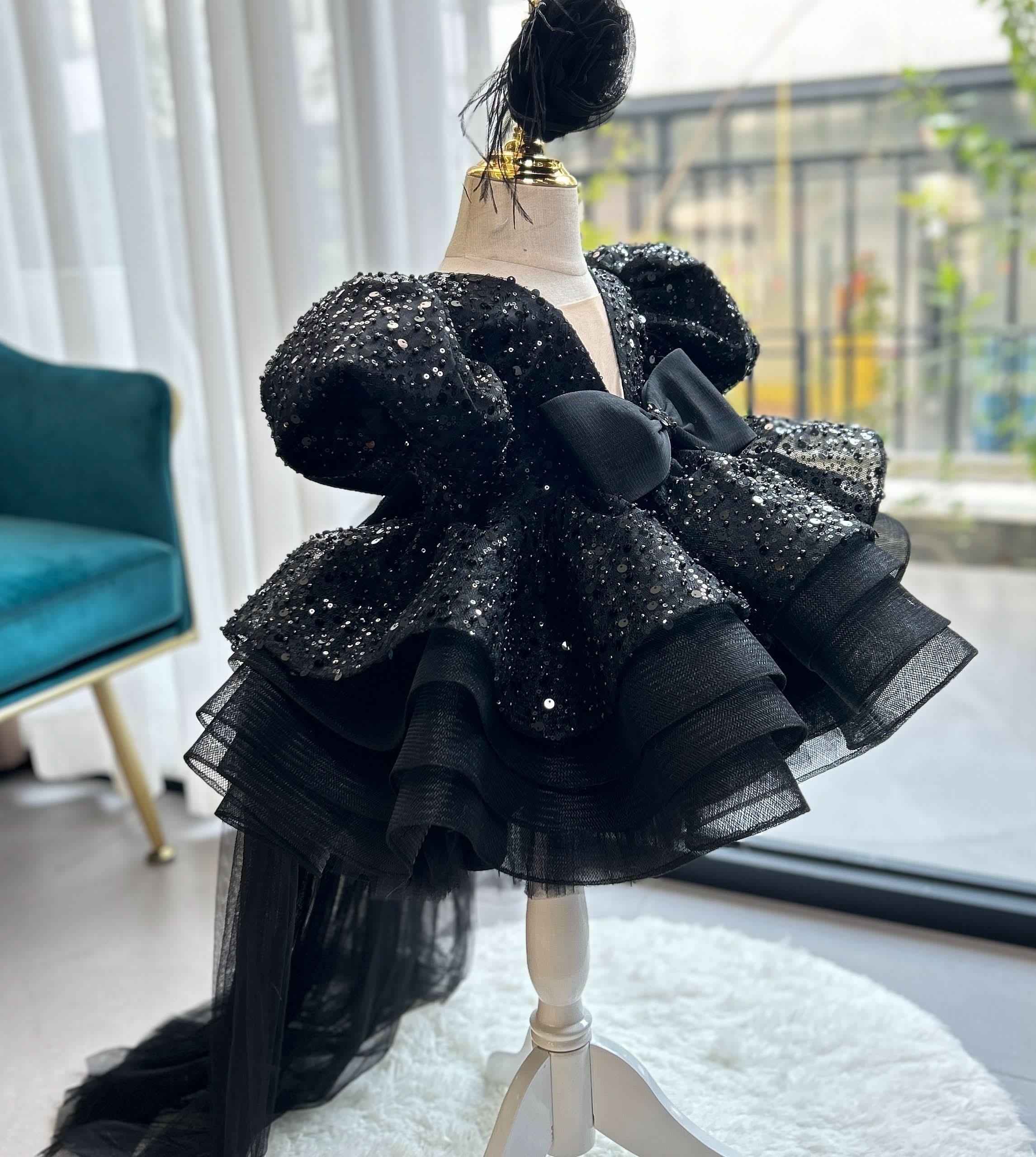 Baby Puff Sleeve Fluffy Tail 1st Birthday Party Princess Dress | KLFFIGID