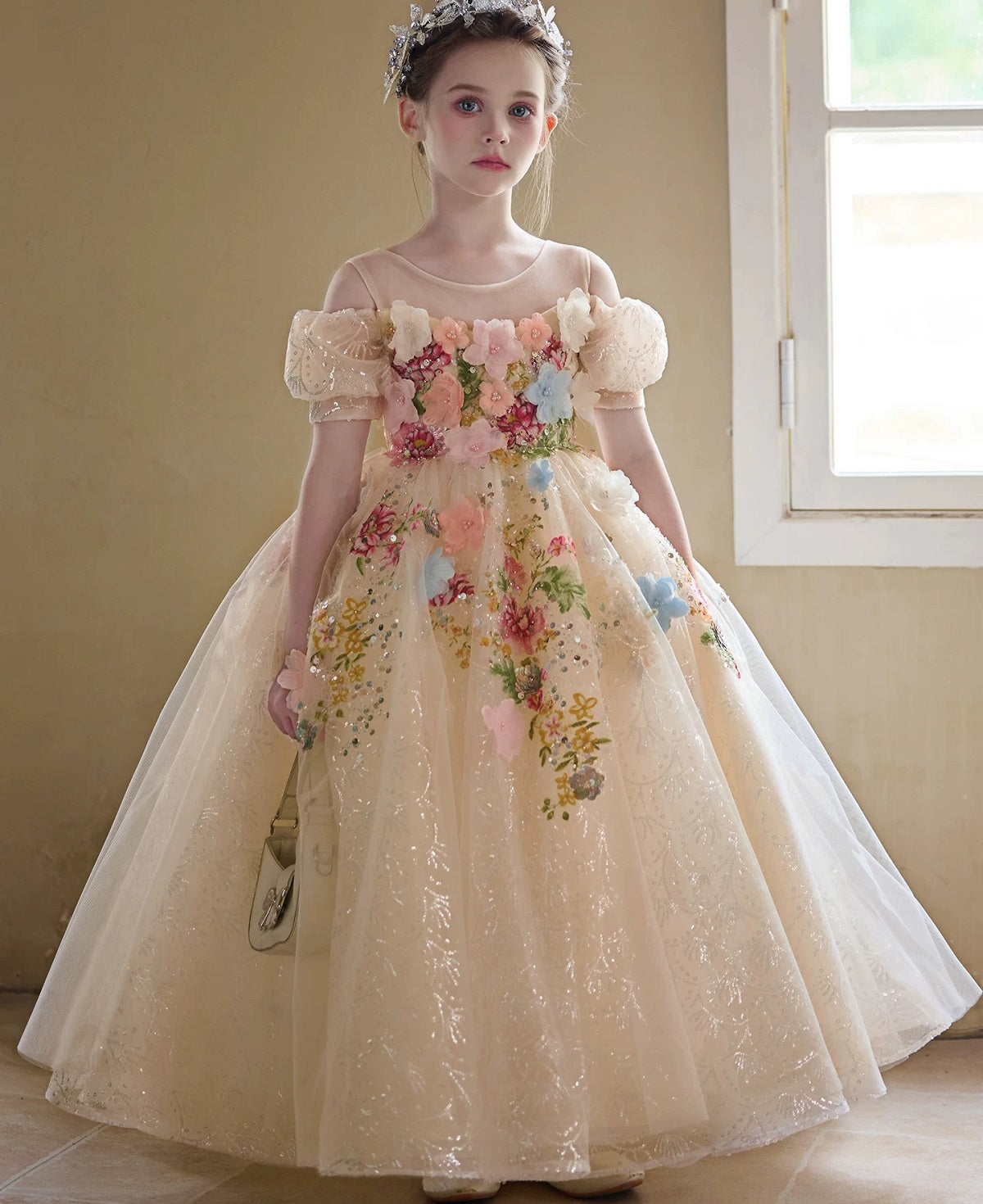 Champagne Flower Girl Dress | 3D Floral Applique Ball Gown | Sparkly Tulle Birthday Pageant Dress | Toddler Wedding Party Gown