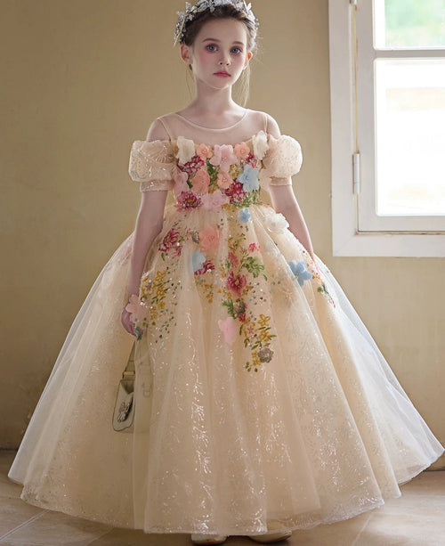 Champagne Flower Girl Dress | 3D Floral Applique Ball Gown | Sparkly Tulle Birthday Pageant Dress | Toddler Wedding Party Gown