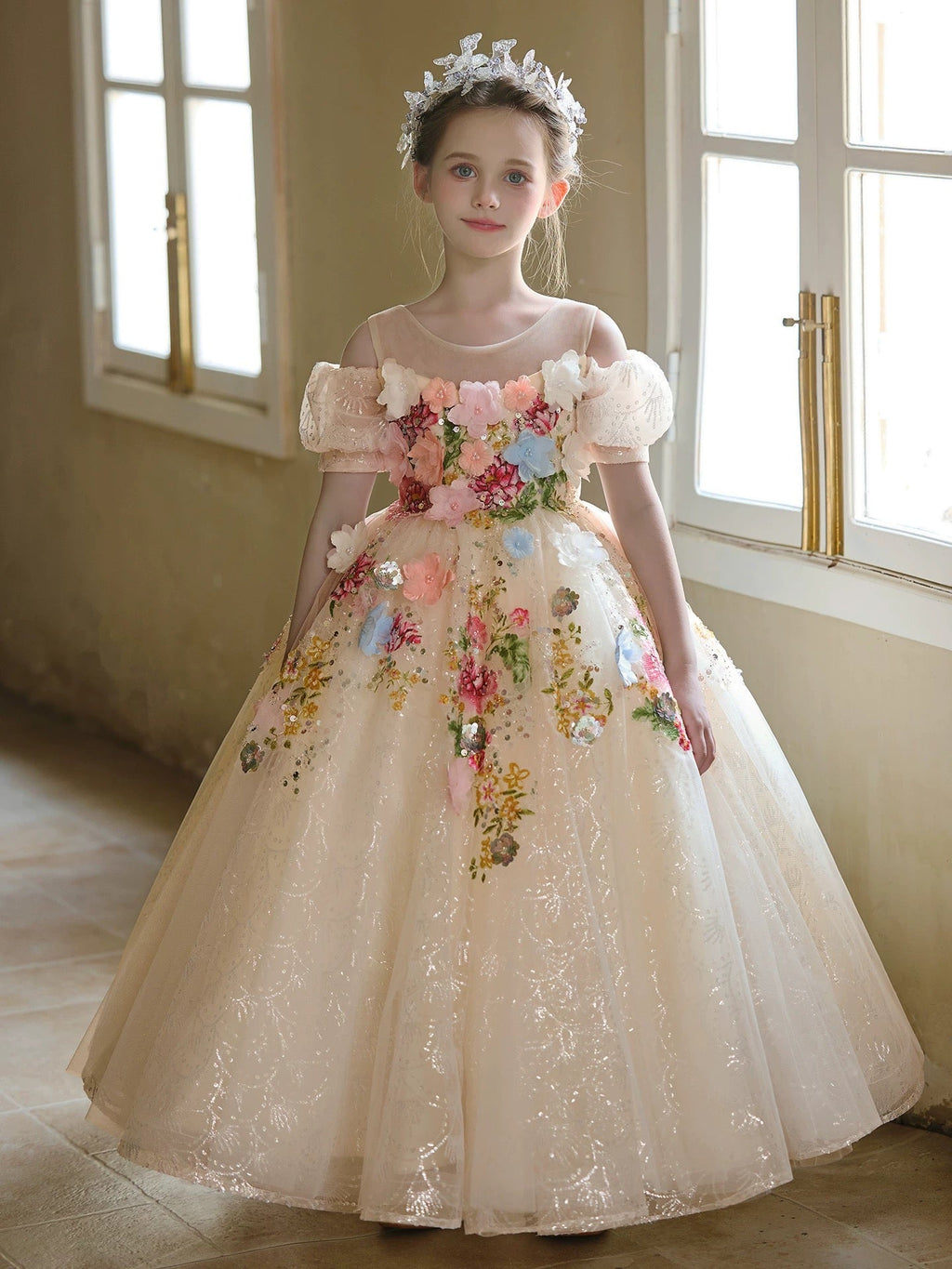 Champagne Flower Girl Dress | 3D Floral Applique Ball Gown | Sparkly Tulle Birthday Pageant Dress | Toddler Wedding Party Gown