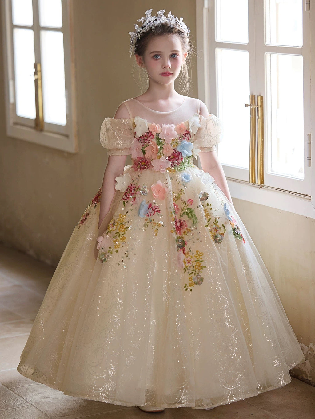Champagne Flower Girl Dress | 3D Floral Applique Ball Gown | Sparkly Tulle Birthday Pageant Dress | Toddler Wedding Party Gown