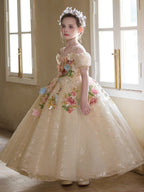 Champagne Flower Girl Dress | 3D Floral Applique Ball Gown | Sparkly Tulle Birthday Pageant Dress | Toddler Wedding Party Gown