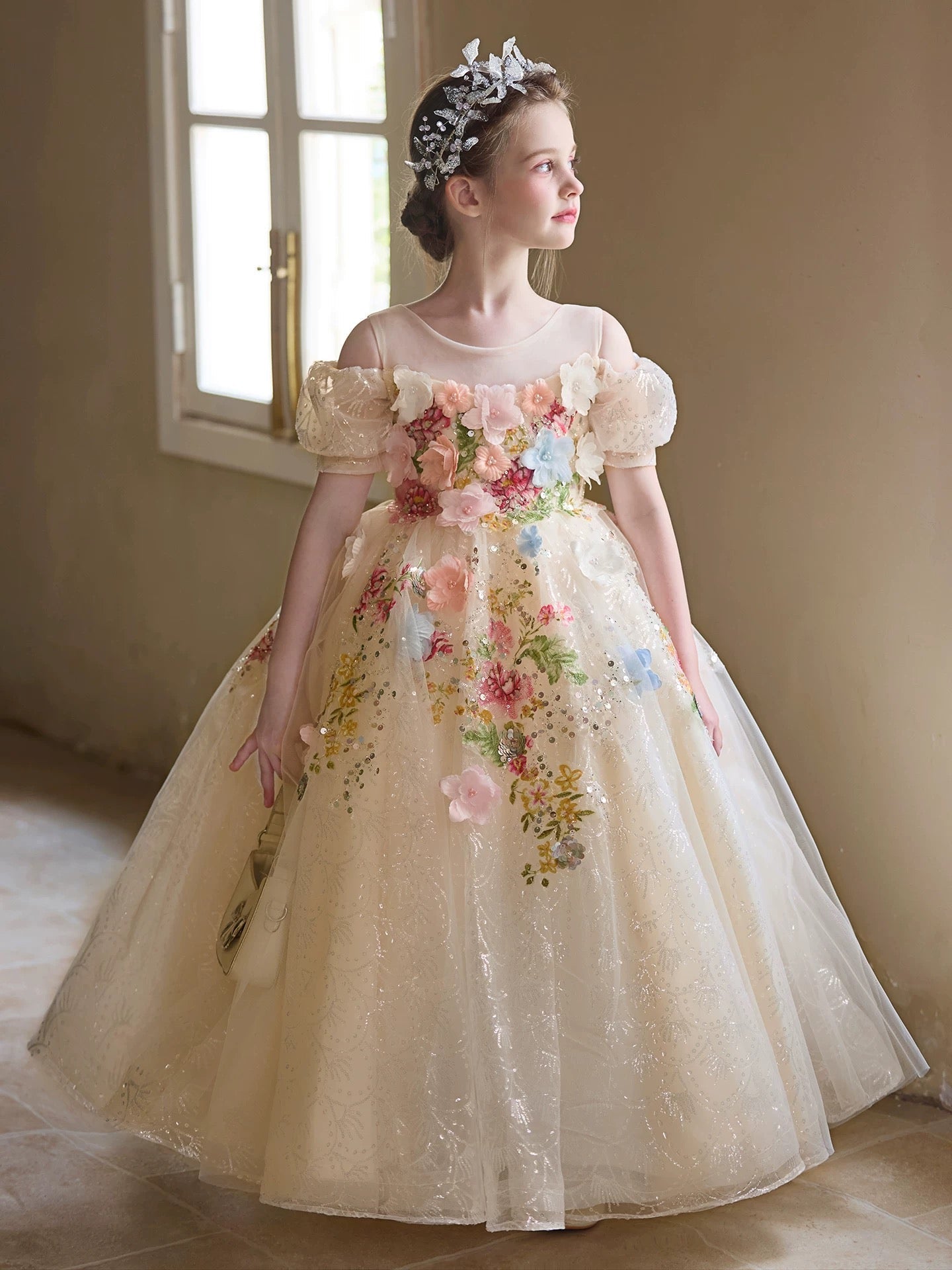 Champagne Flower Girl Dress | 3D Floral Applique Ball Gown | Sparkly Tulle Birthday Pageant Dress | Toddler Wedding Party Gown