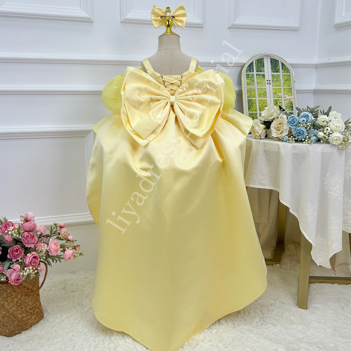 Blue Puff Sleeve Trailing Girls Birthday Princess Dress | KLFFIGID