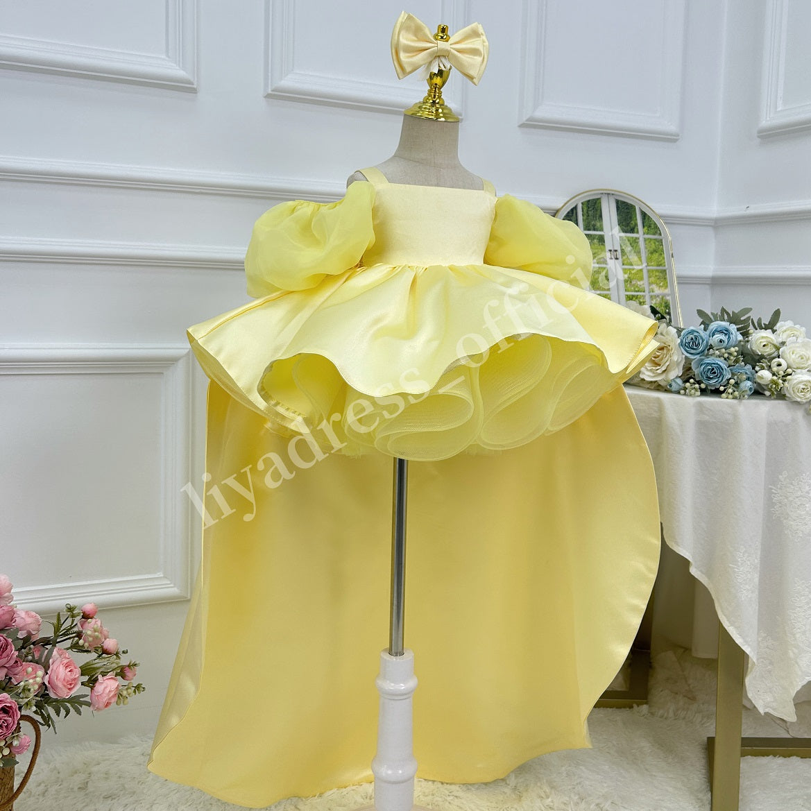 Blue Puff Sleeve Trailing Girls Birthday Princess Dress | KLFFIGID