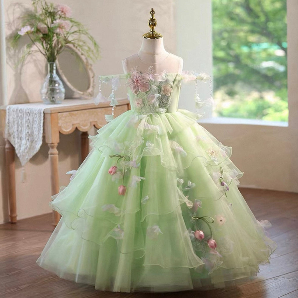 Children's long dresses, party dresses for ages 3-12, tulle green dresses, flower dresses, princess dresses for girls.