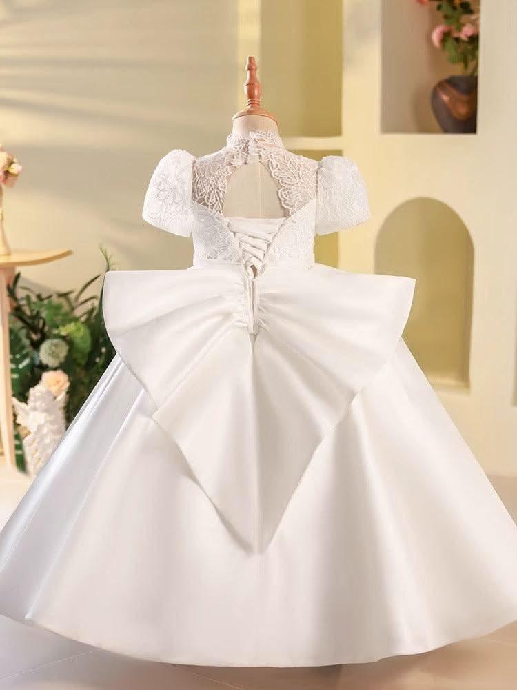 New White Children's Evening Dress Birthday Party Lace Puff Sleeve Princess Dress