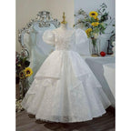 Stylish Wedding Flower Girl Elegant White Puffy Long Sleeve Girl Princess Dress