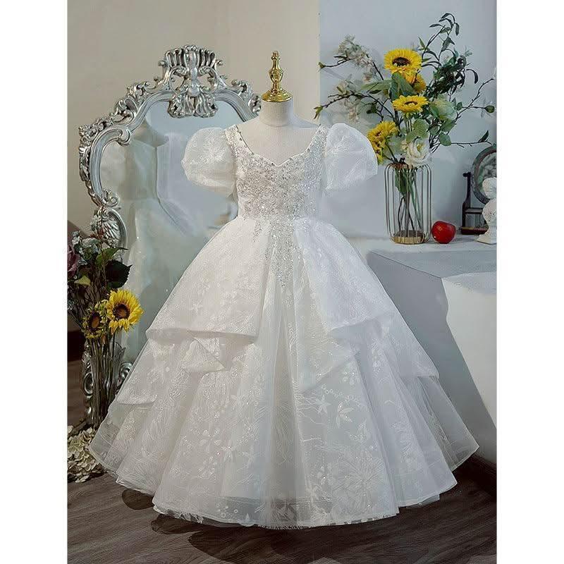 Stylish Wedding Flower Girl Elegant White Puffy Long Sleeve Girl Princess Dress
